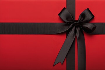 Gift card beautifully wrapped with a red ribbon. A blank red greeting card awaited for personalization. Perfect for Christmas, New Year, or a birthday gift.