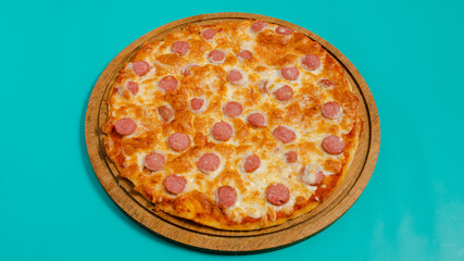 Sausage pizza on tray isolated