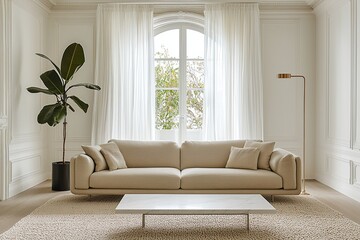 Fototapeta premium A modern minimalist interior design in the living room with arched windows and a sofa and table. Generative AI 