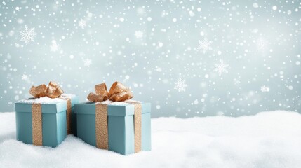 Seafoam green tinsel adorns gold presents, placed on a pearl white surface with subtle pale blue snowflake patterns in the background, leaving room for text, encapsulated in a festive Merry Christmas