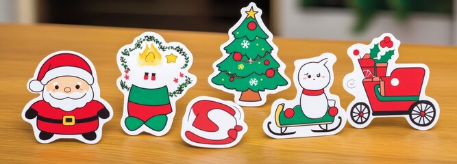 A delightful collection of Christmas stickers featuring winter and New Year elements like a Christmas tree, sleigh, Santa, snowman, and presents. These modern holiday illustrations are set against a