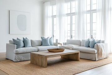 Minimalist interior design of the living room with white walls hanging with art frames, brightly colored sofas and sky blue cushions. Generative AI
