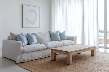 Fototapeta premium A minimalist, window-viewed Scandinavian interior design in the living room with sofa and sky blue cushions. Generative AI 