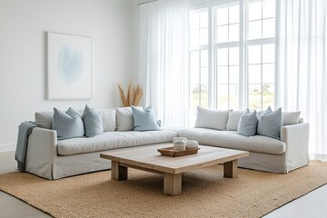 A minimalist, window-viewed Scandinavian interior design in the living room with sofa and sky blue cushions. Generative AI
