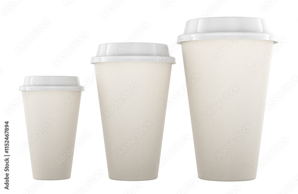 Poster disposable cups with lids. small, medium and large size. 3d rendering isolated on transparent backgr