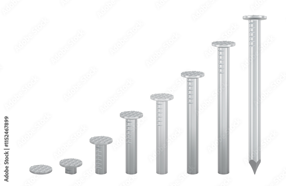 Poster steel nails hammered with on different levels. 3d rendering isolated on transparent background
