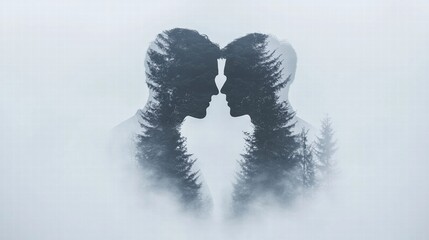 Double exposure of two male profiles and trees in fog. love and connection