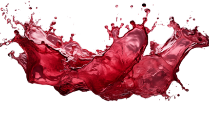 A dramatic splash of red wine captured mid-motion, showcasing vibrant color and dynamic energy, studio view, isolated on transparent background.