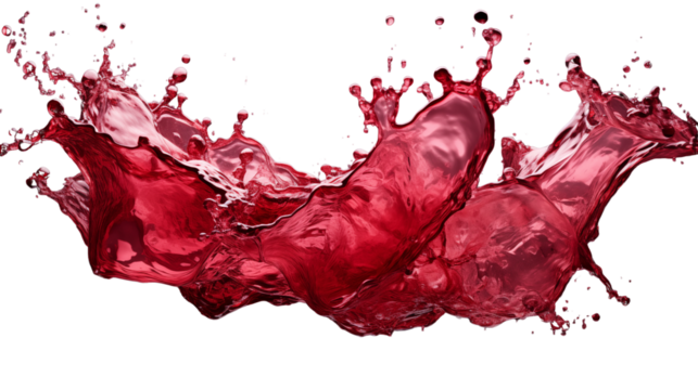 A dramatic splash of red wine captured mid-motion, showcasing vibrant color and dynamic energy, studio view, isolated on transparent background.