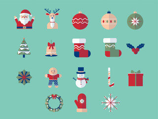A collection of Christmas flat geometric icons including Santa, reindeer, snowflakes, Christmas tree, baubles, stockings, snowman, gingerbread man, candy cane, gift box, bell, and mistletoe.