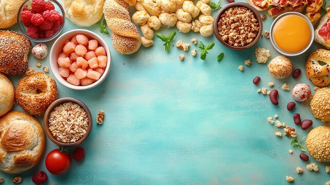 Assorted snacks and pastries arranged on a teal background, leaving ample copy space in the center.