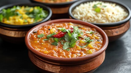 Close-up of a delicious lentil curry served in a rustic bowl with rice and other side dishes.
