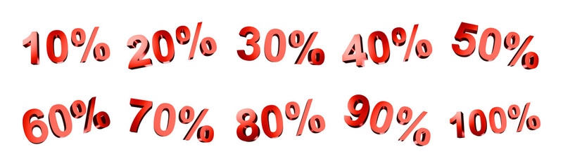 Graphic resources red metallic color percentage from 10% to 100%. Concept: Symbol, percentage, metallic.
