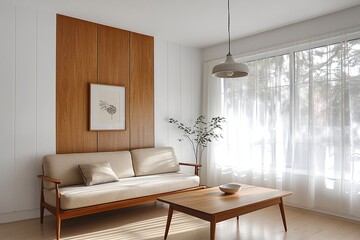 Fototapeta premium A modern minimalist interior in the living room with parts of the wall finished in wood. Generative AI 