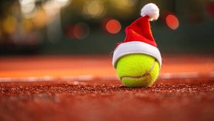 A festive tennis ball wearing a Santa hat sits on a clay court.  A perfect Christmas card image!