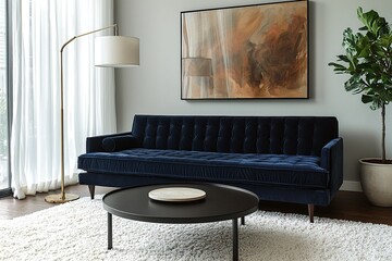 Minimalist, mid century modern interior design in the living room with walls hanging with art frames and blue sofas and tables. Generative AI
