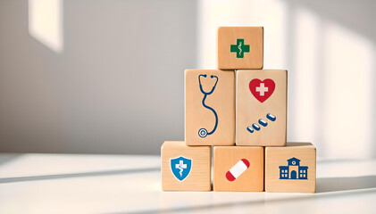 Wooden blocks illustrating health insurance, medical care, & medication concepts, emphasizing healthcare services and protection, showcasing vibrant & clear symbols for professional & personal use