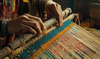 Artisan weaving a colorful rug on a wooden loom, detailed threads and precise hand movements.