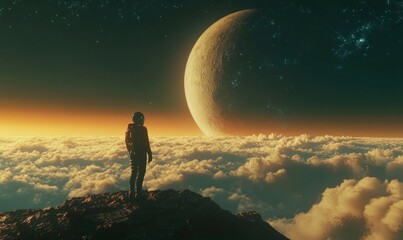 Fototapeta premium Astronaut standing on a surface overlooking a planet and space with stars and clouds. Futuristic space exploration and sci-fi scene. Cosmic adventure concept.