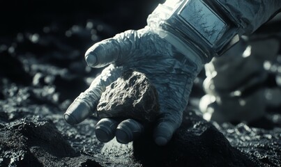 Astronaut's gloved hand handling a moon rock sample, intricate textures visible under soft light.