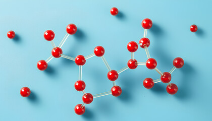 Molecule of phenylalanine on light blue background, top view. Chemical model