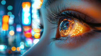 Close-up of asian woman's eye reflecting urban cityscape at night with neon lights