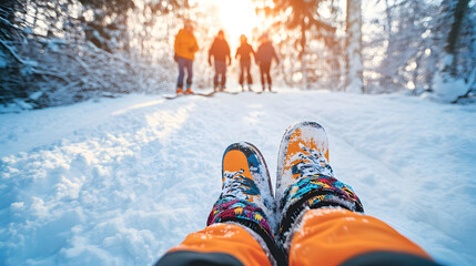 First person view of snow covered boots resting in the snow. A group of people cross-country skiing in the background. Winter wonderland scene.