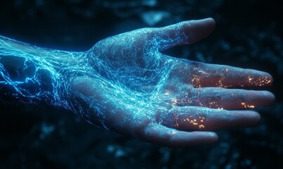 Fototapeta premium Bioengineered hand with glowing blue veins and soft luminescence, merging seamlessly with organic skin.