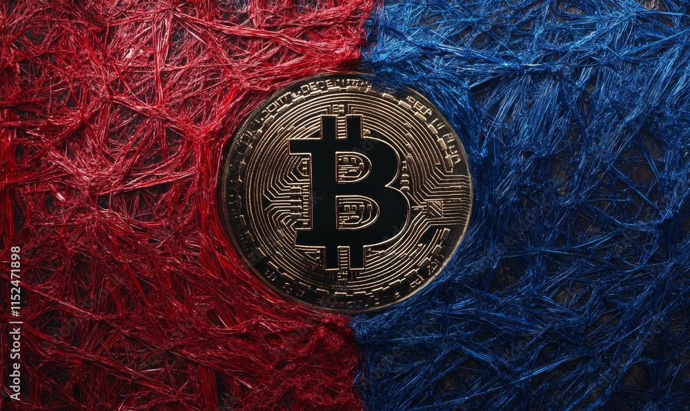 Poster bitcoin coin with red and blue digital network background. cryptocurrency and blockchain concept.