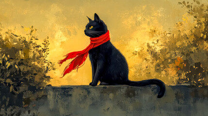 Black cat wearing red scarf sitting on a wall at sunset