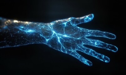 Bioengineered hand with glowing blue veins and soft luminescence, merging seamlessly with organic skin.