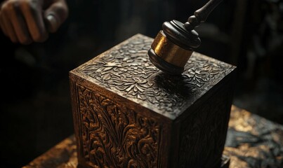 Close-up of a judges gavel striking a polished wooden block, dramatic lighting highlighting the engraved patterns.