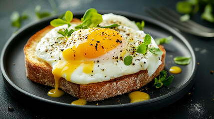 Gourmet poached egg breakfast on crispy toasted bread with creamy hollandaise sauce, garnished with fresh microgreens, black pepper, and herbs, perfect for brunch, elegant dining