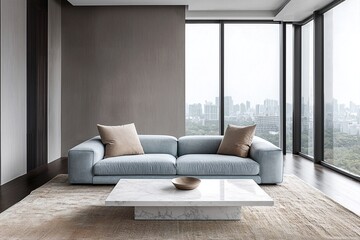 Fototapeta premium Minimalist interior design of the living room with light grey finished walls and a sky blue sofa and table. Generative AI 