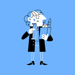 A woman holds a shopping bag and looks at the check. Rising prices for food and goods.