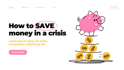 Piggy bank is trying to balance and not fall over. Save money. Template of web banner. Doodle vector illustration.