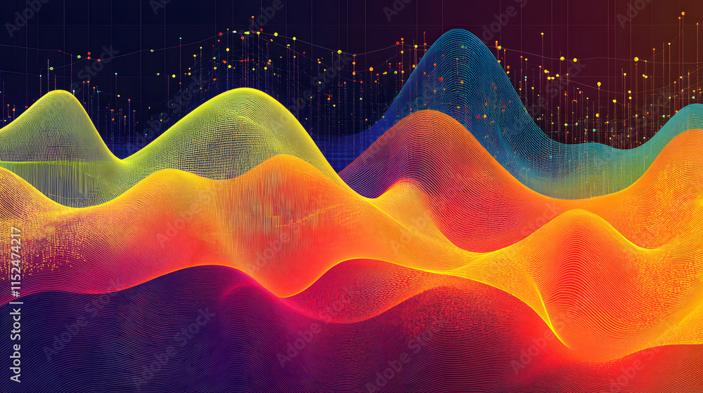 Poster abstract vibrant waves of data visualization. colorful flowing lines and points create a dynamic, en