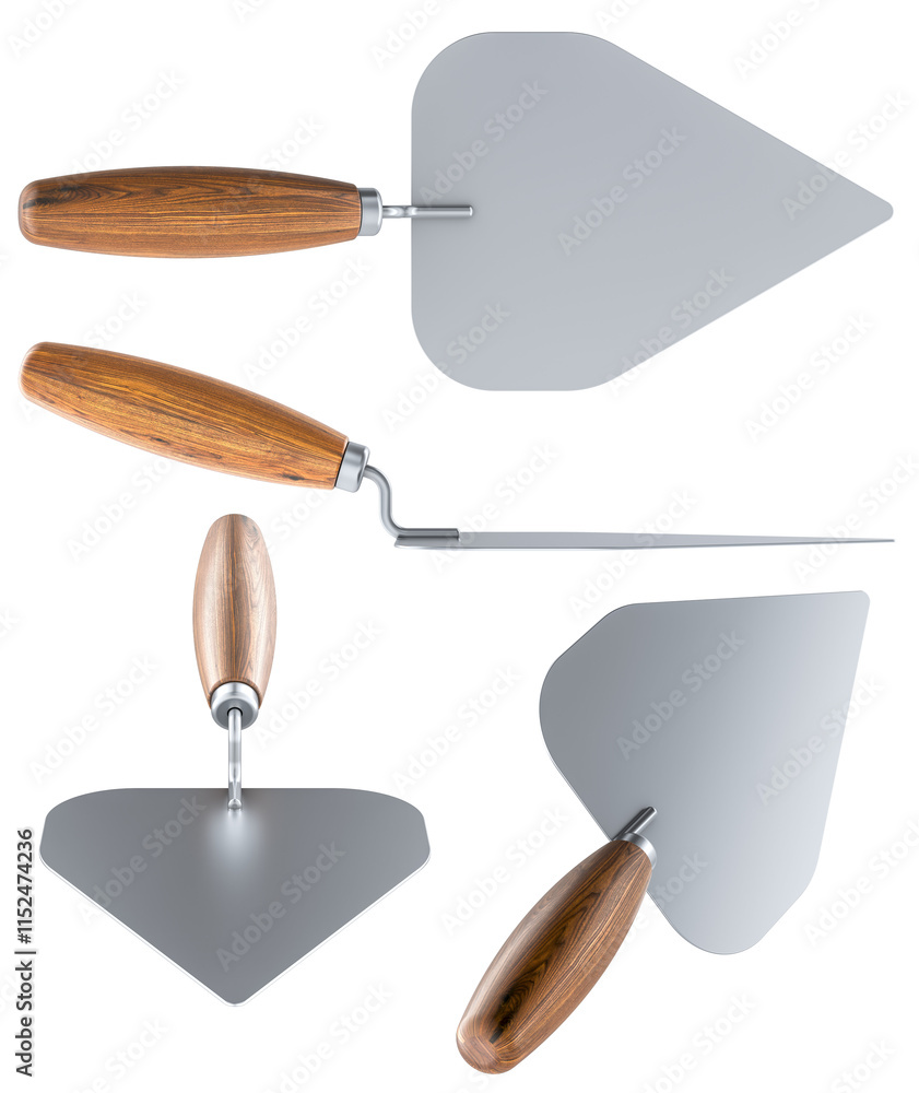 Poster masonry trowel. front, side and top views. 3d rendering isolated on transparent background