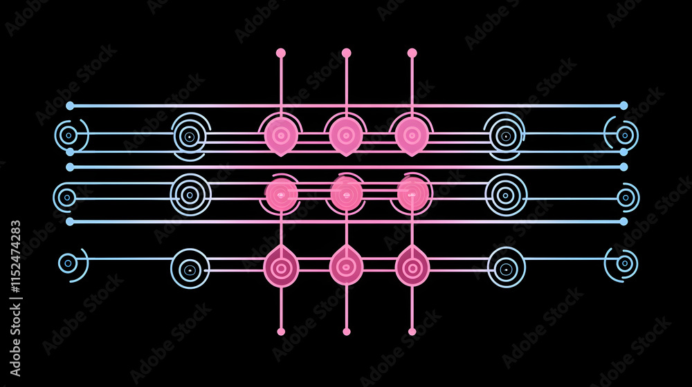 Aufkleber abstract geometric pattern with pink and blue neon lines and circles on a black background. modern, 