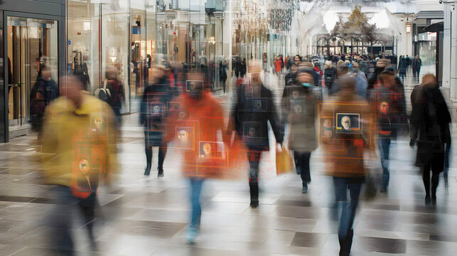 Motion blurred image of shoppers in a modern mall.