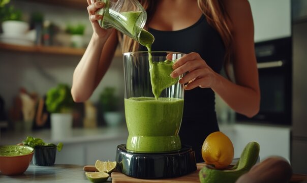 Fitness influencer blending a green smoothie, vibrant ingredients and sleek kitchen aesthetics, social media-ready vibe promoting health,