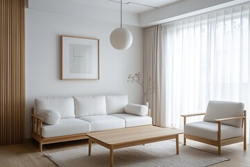 Minimalist, a Scandinavian interior design of a living room with a wood finish to parts of the wall and a white sofa and wood table. Generative AI
