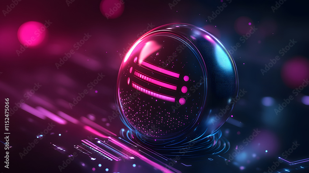 Poster a futuristic sphere with a glowing pink and blue interface rests on a neon-lit circuit board. the ab