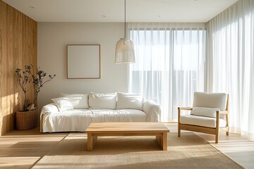 Fototapeta premium Minimalist, a Scandinavian interior design of a living room with a wood finish to parts of the wall and a white sofa and wood table. Generative AI 