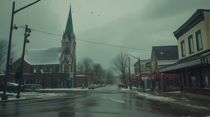 A snow-covered town street scene on a gloomy day. A church steeple dominates the background, with shops lining the wet street in the foreground. The atmosphere is quiet and somewhat melancholic.