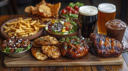 Obraz premium A wooden board laden with grilled meats, fries, pita bread, salad, and two glasses of beer.