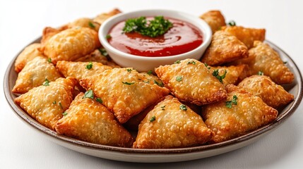 Golden-brown fried pastries arranged on a plate with a small bowl of ketchup and parsley garnish.