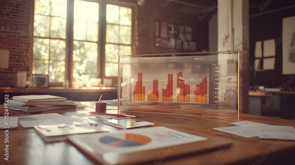 Poster a modern office workspace with a transparent screen displaying financial charts and graphs.