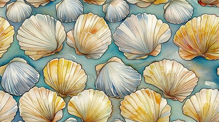 Seashells watercolor painting: pastel hues, intricate details