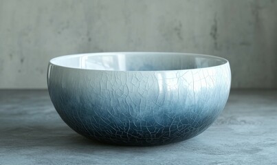 Ceramic bowl with a crackle glaze finish, showcasing a soft gradient from deep blue to white, set on a natural stone surface,